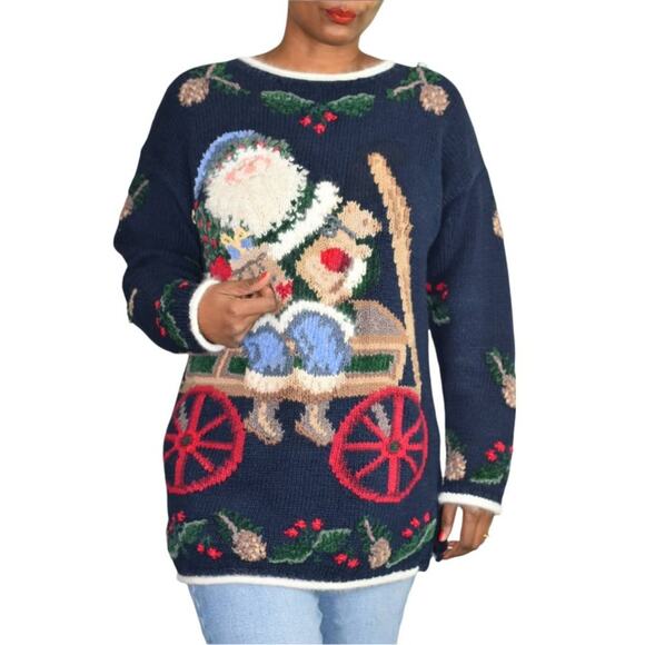 Ugly Christmas Sweater Santa Claus Vintage Northern Isles Tree Wreath Size Large - Picture 10 of 14